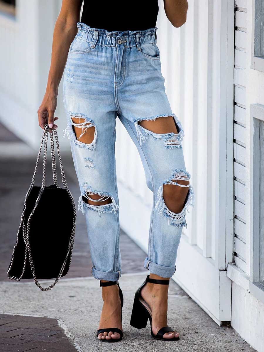 Elastic Waist Torn Straight Jeans