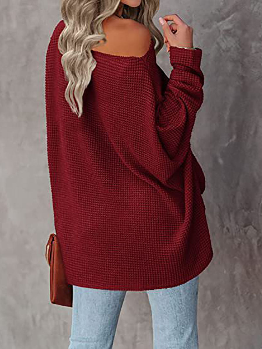 Bellevoga Solid Color Knitted Bat Long Sleeve Sweater