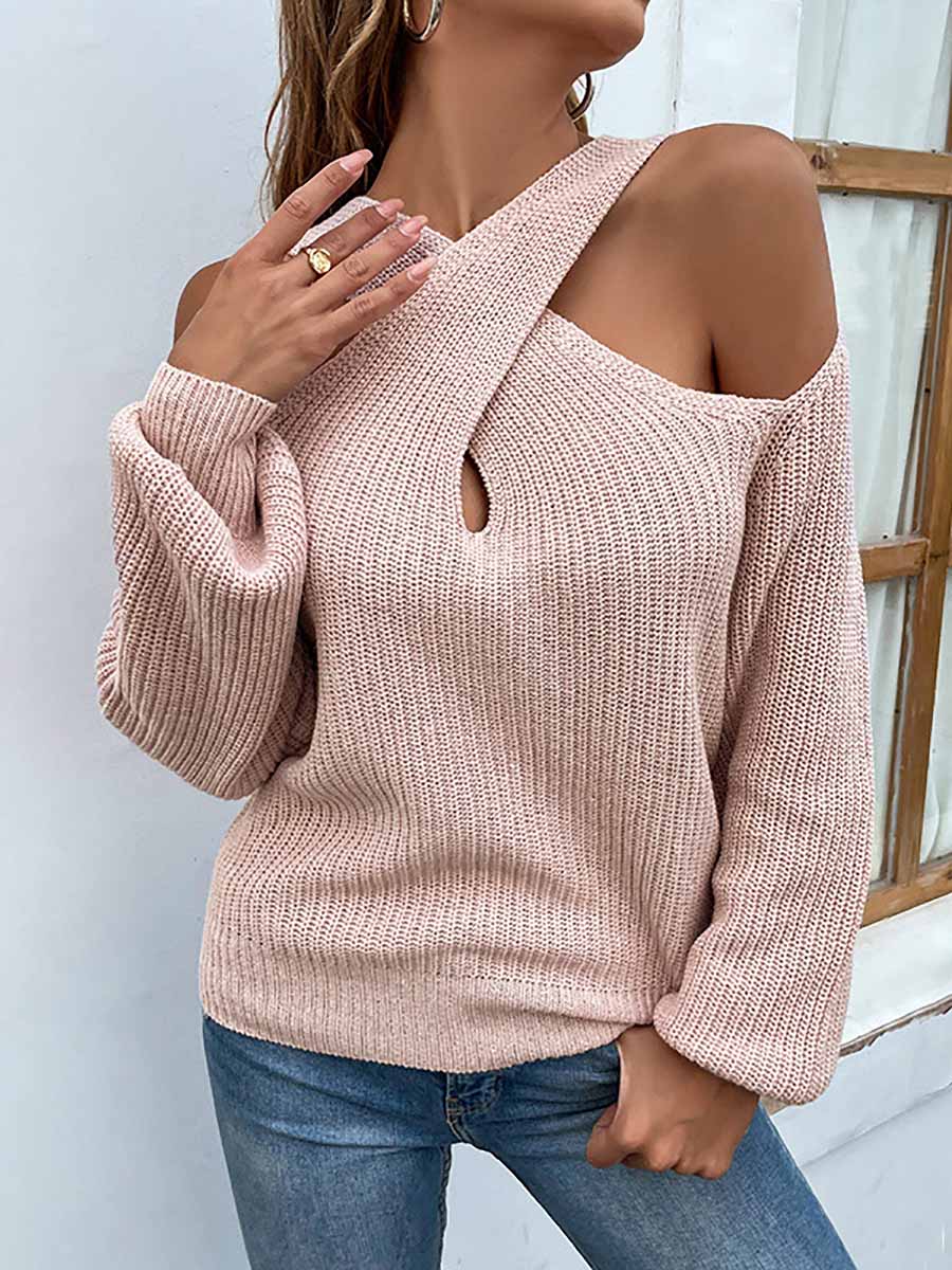 Bellevoga Solid Color Crossed Hanging Shoulder Knit Sweater