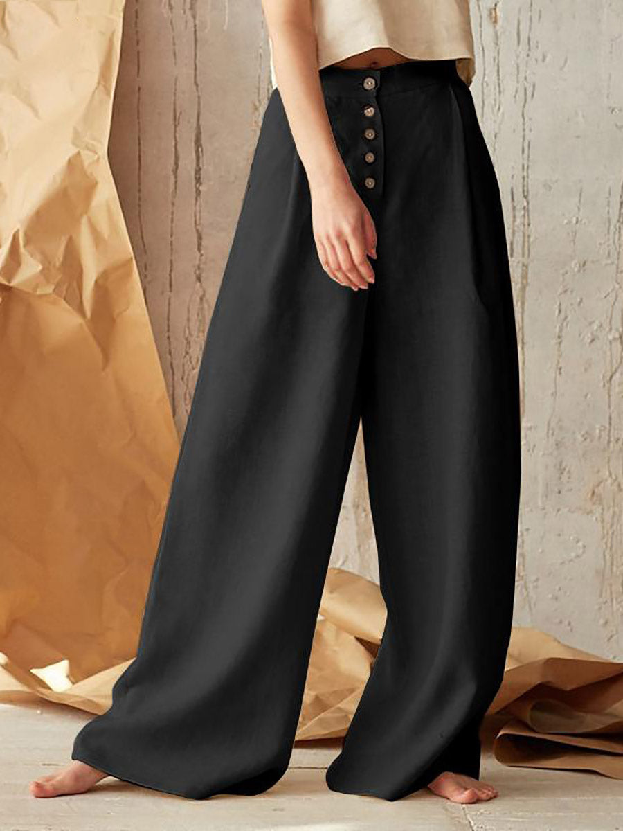 Bellevoga Solid Color High Waist Casual Button Wide Leg Pants