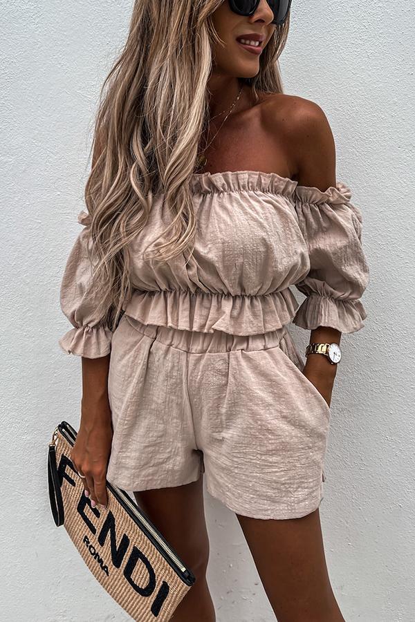 Bellevoga Summer Off Shoulder Linen Shorts Suit