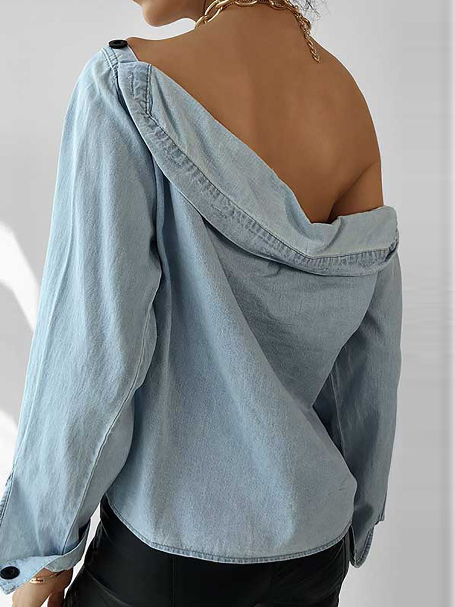 Bellevoga Off-Shoulder Button Denim Shirt