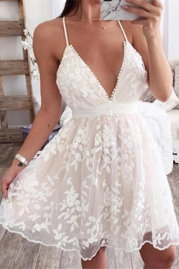 Bellevoga V-Neck Lace Embroidered White Dress