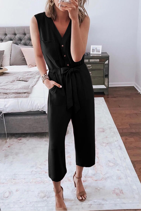 Bellevoga Buttoned Sleeveless Cropped Jumpsuit With Sash