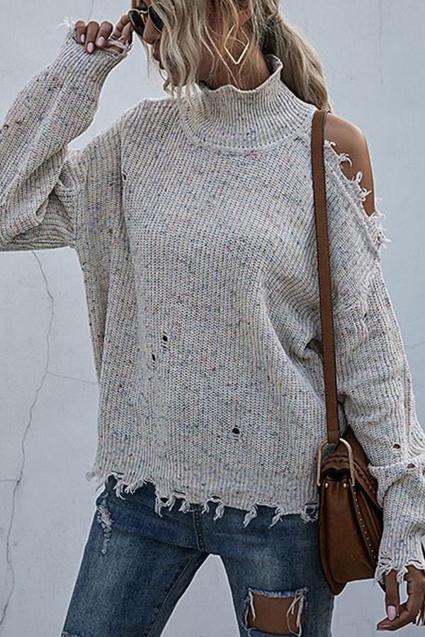 Bellevoga Loose Off-shoulder Ripped Long-sleeved High-neck Knitted Sweater