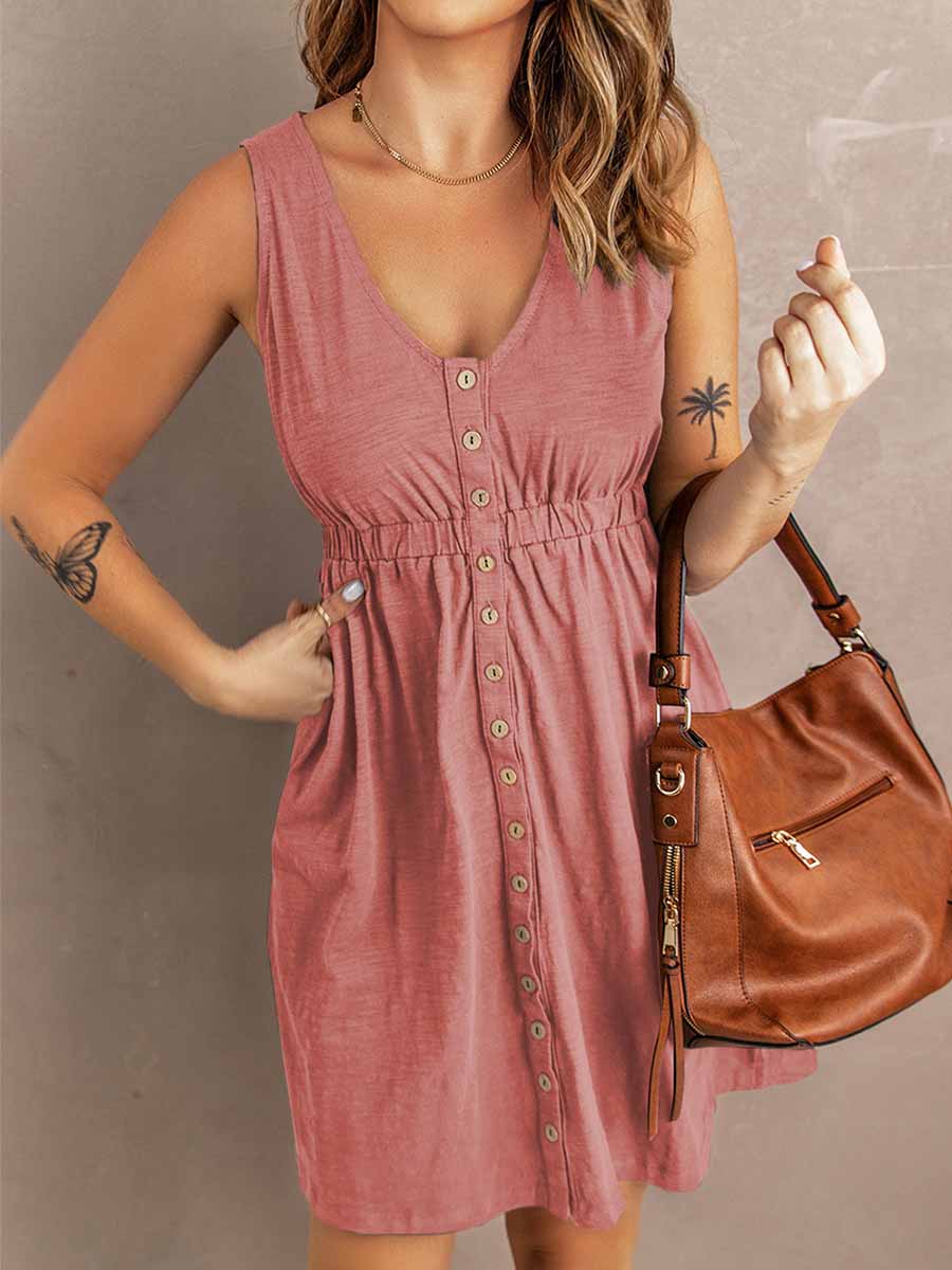 Bellevoga Casual Buttons Vest Dress(9 Colors)