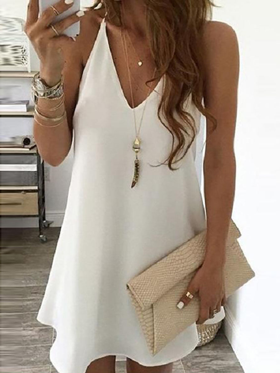 Bellevoga Solid V Neck Sleeveless Mini Dress