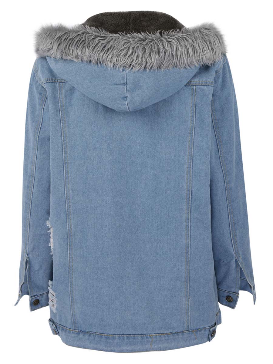 Bellevoga Padded Warm Hole Large Fur Collar Denim Jacket(4 colors)