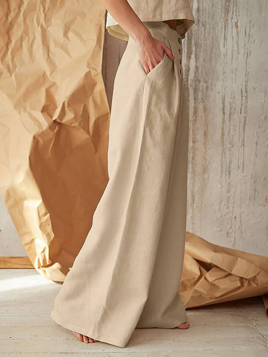 Bellevoga Solid Color High Waist Casual Button Wide Leg Pants