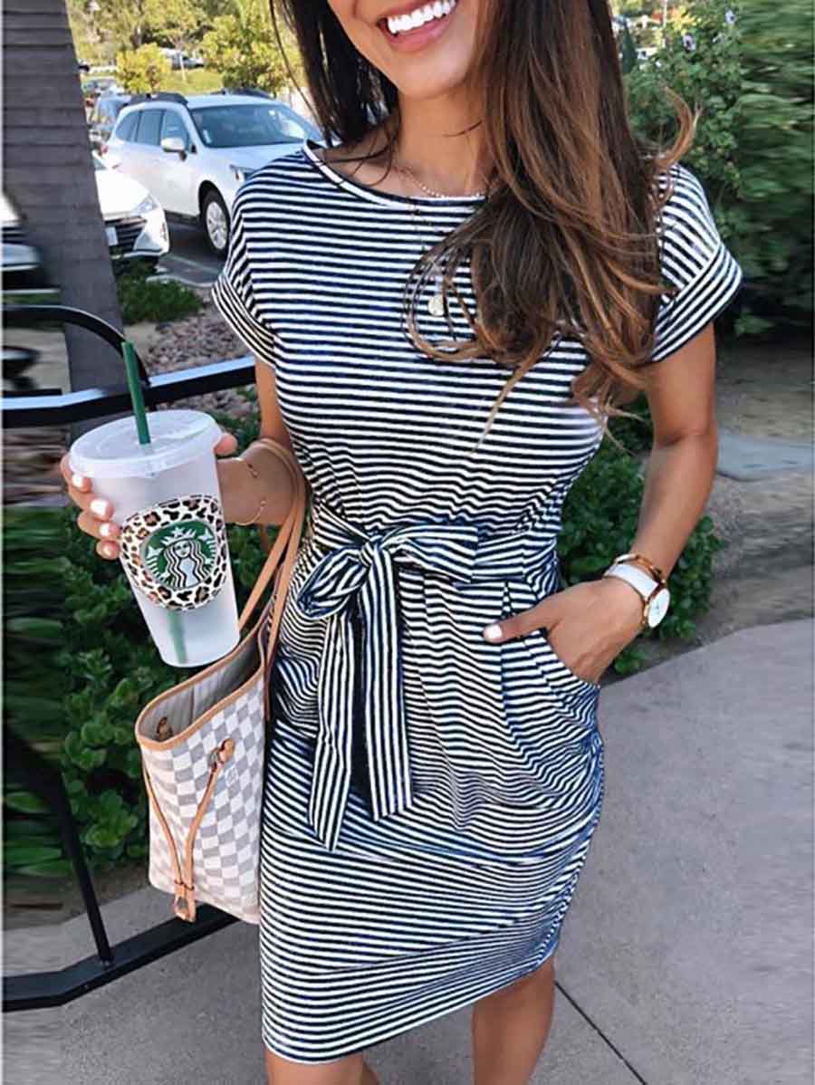 Bellevoga Short Sleeve Pinstripe Round Neck Casual Wear Dress