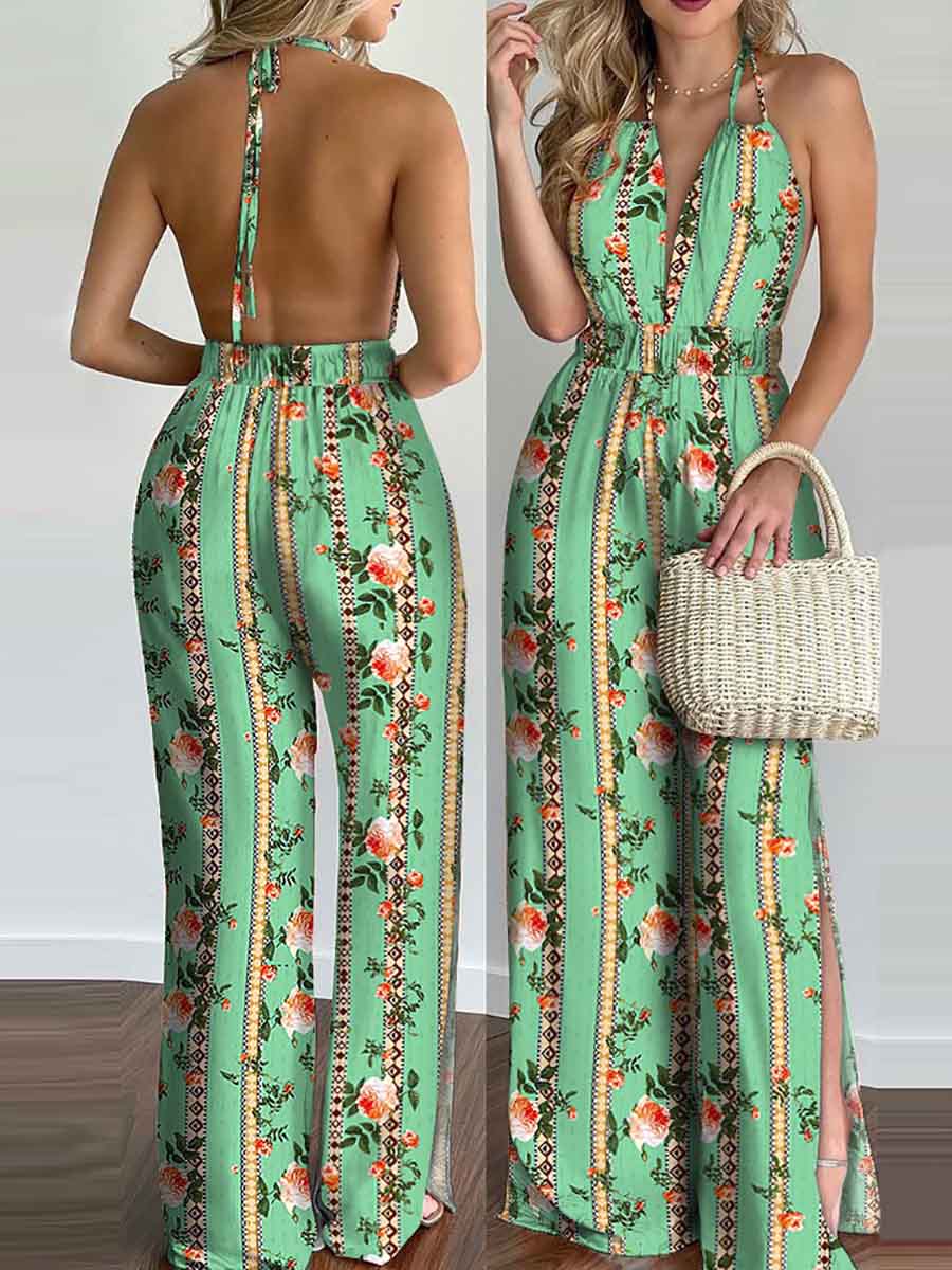 Bellevoga Printed Hanging Neck Sexy Backless Split Jumpsuit