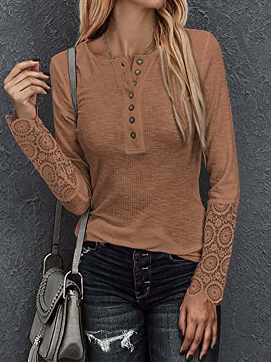 Bellevoga Round Neck Stitching Lace Long Sleeve T-Shirt(14 colors)