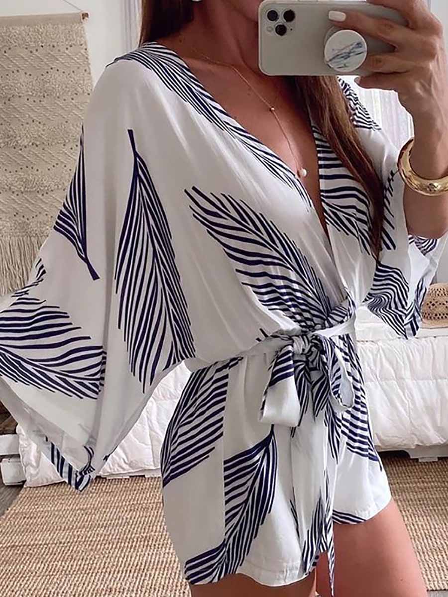 Bellevoga Plant Print Bat Sleeve Kimono Romper