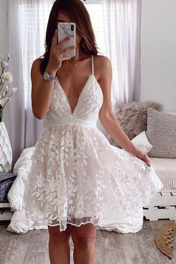 Bellevoga V-Neck Lace Embroidered White Dress