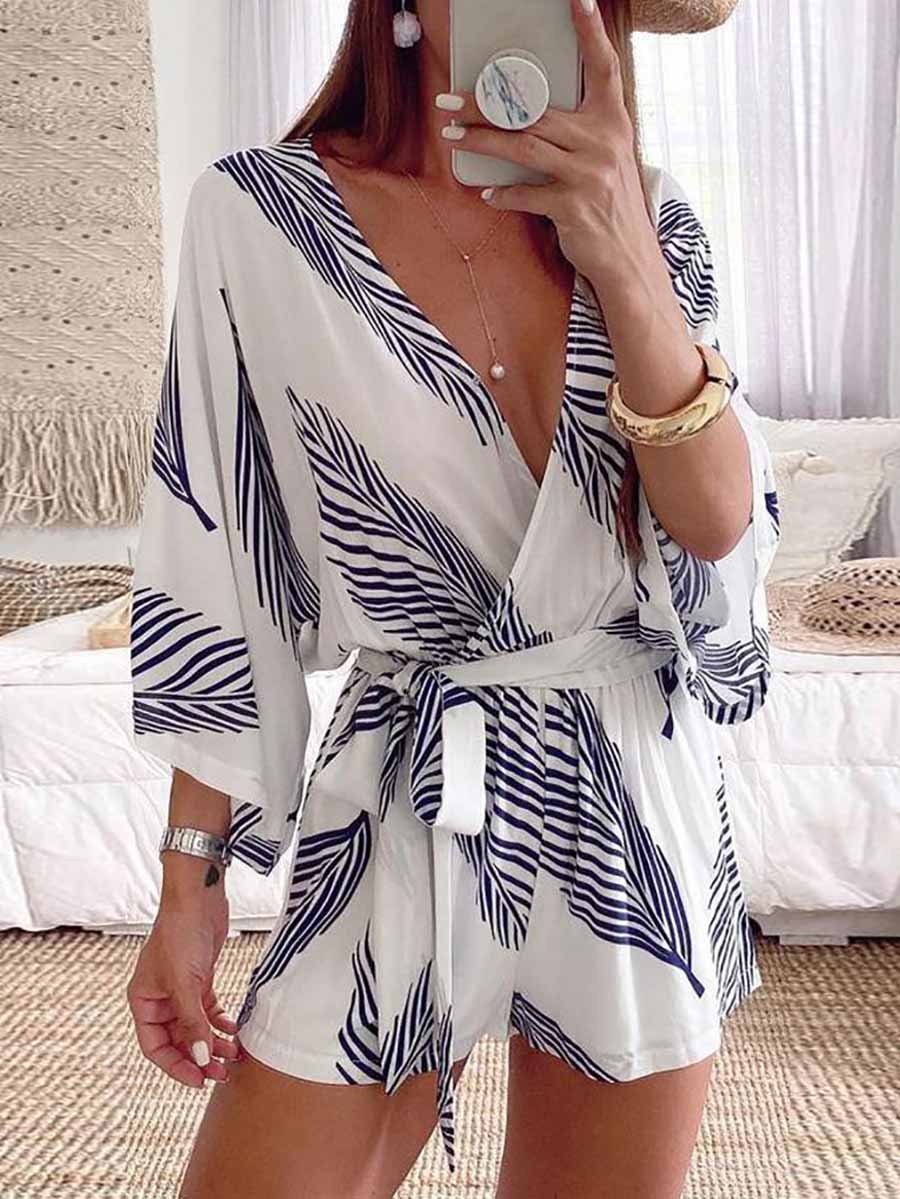 Bellevoga Plant Print Bat Sleeve Kimono Romper