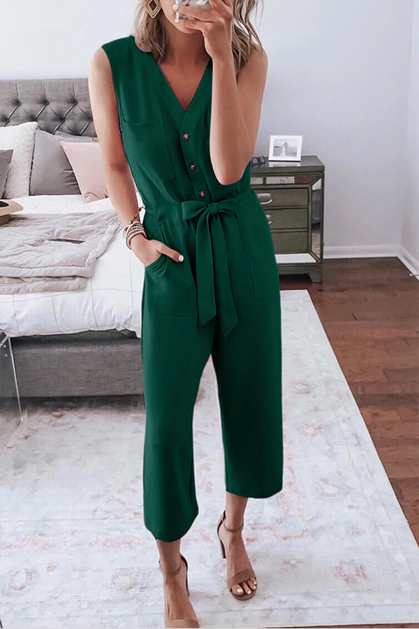 Bellevoga Buttoned Sleeveless Cropped Jumpsuit With Sash