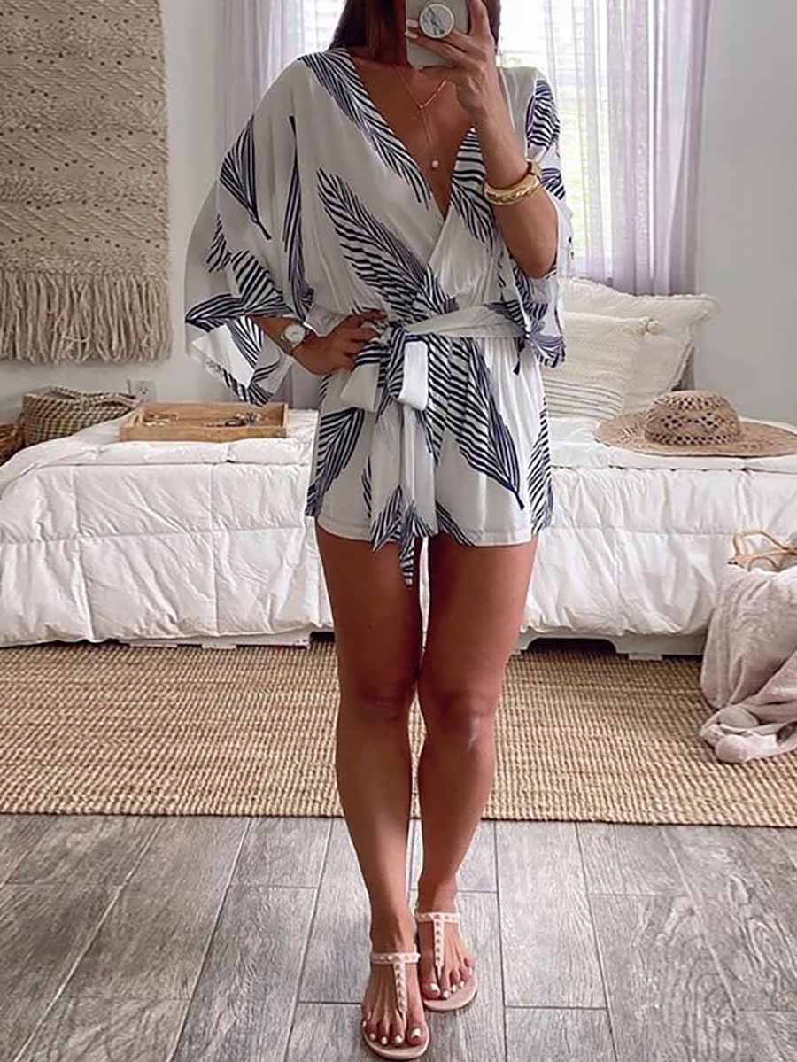 Bellevoga Plant Print Bat Sleeve Kimono Romper