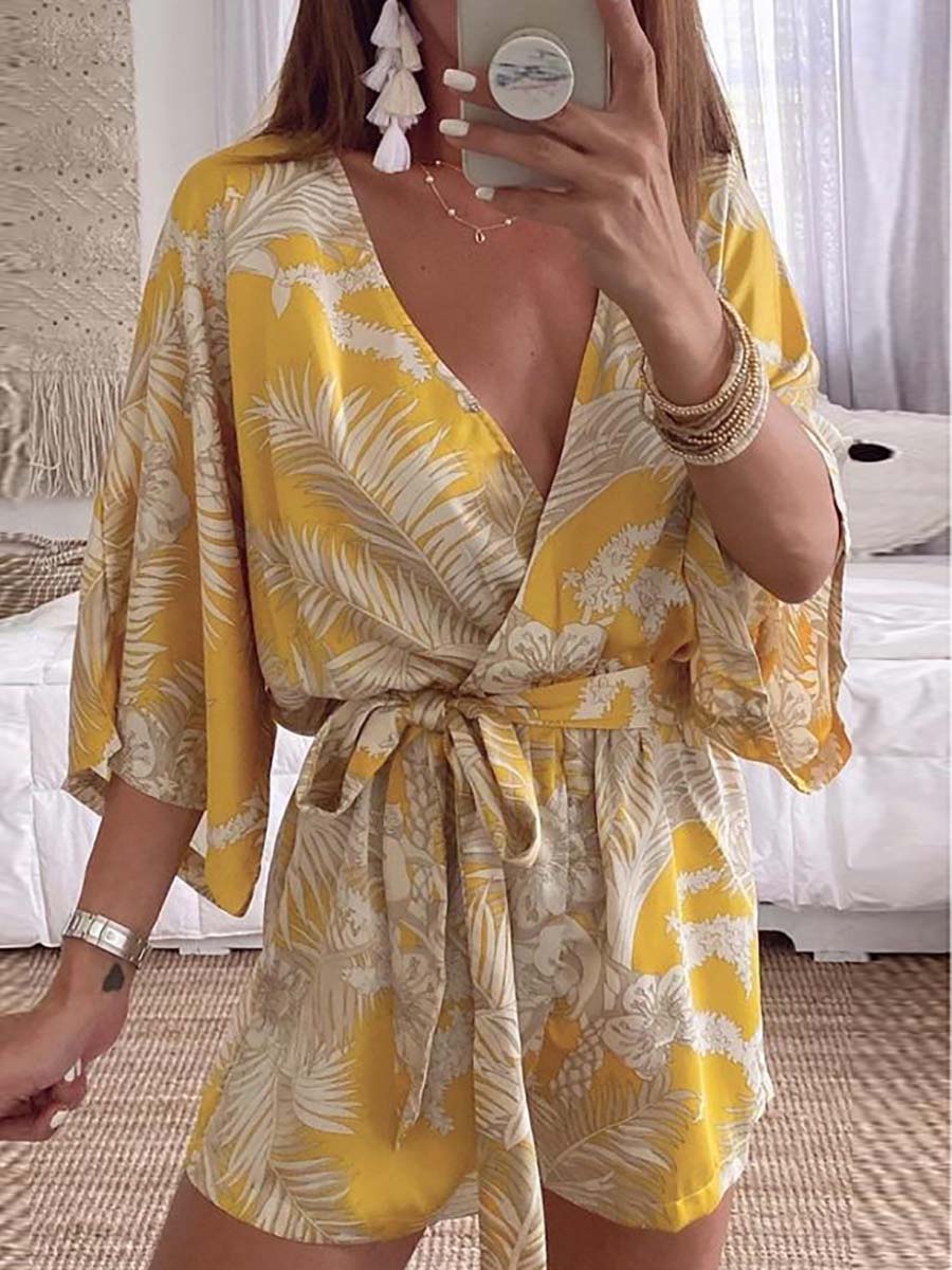 Bellevoga Plant Print Bat Sleeve Kimono Romper