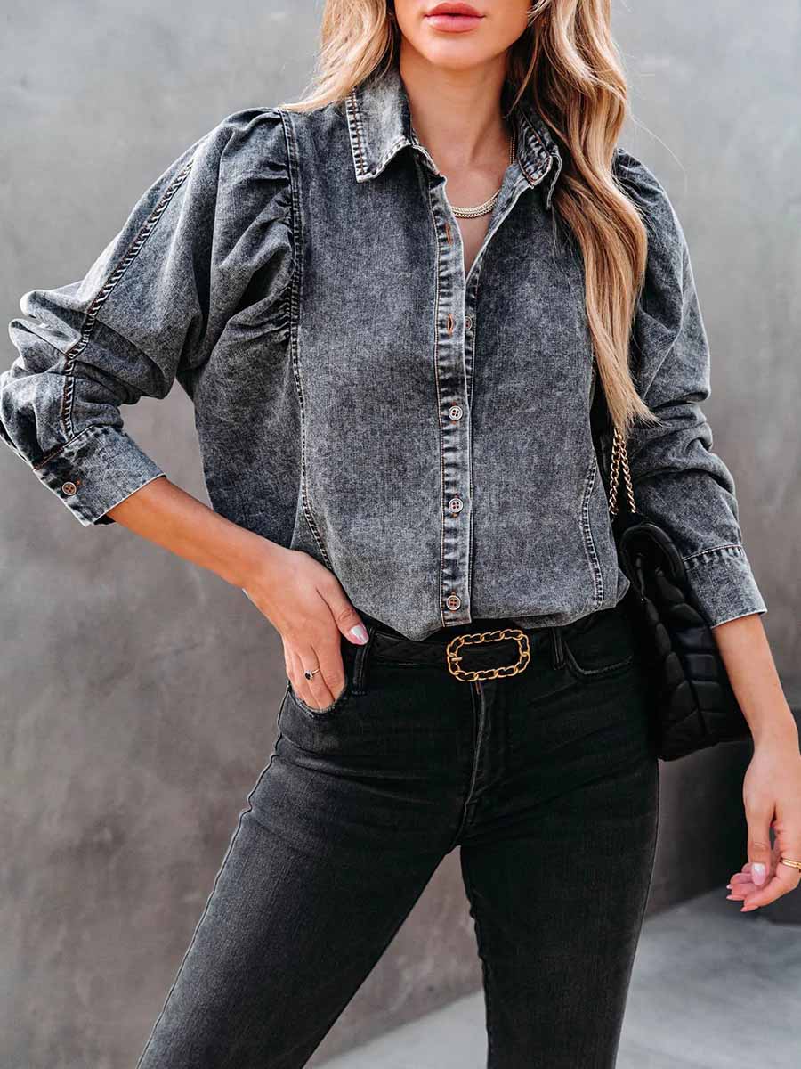 Bellevoga Casual Fashion Loose Long Sleeve Denim Shirt