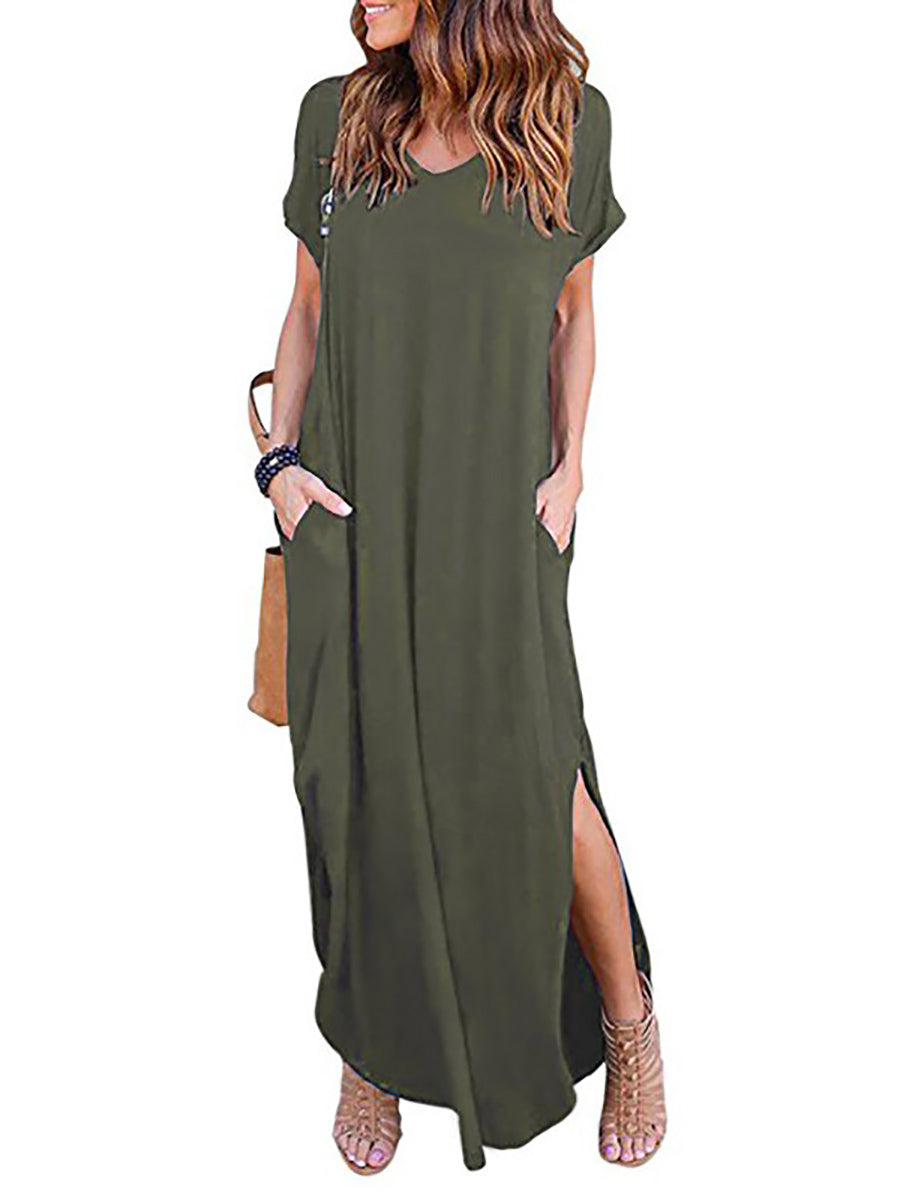 Bellevoga V-Neck Pocket Split Dress(8 colors)