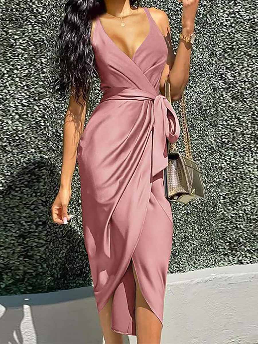 Bellevoga Solid Color Straps Slim Irregular Dresses