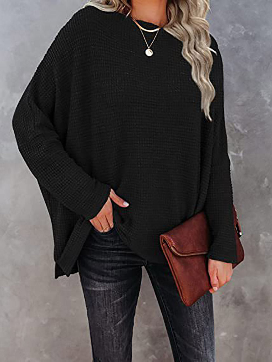 Bellevoga Solid Color Knitted Bat Long Sleeve Sweater