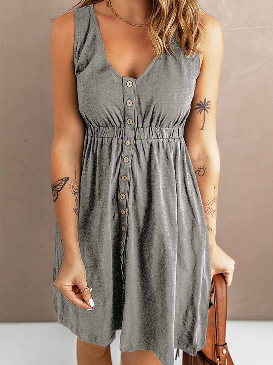 Bellevoga Casual Buttons Vest Dress(9 Colors)