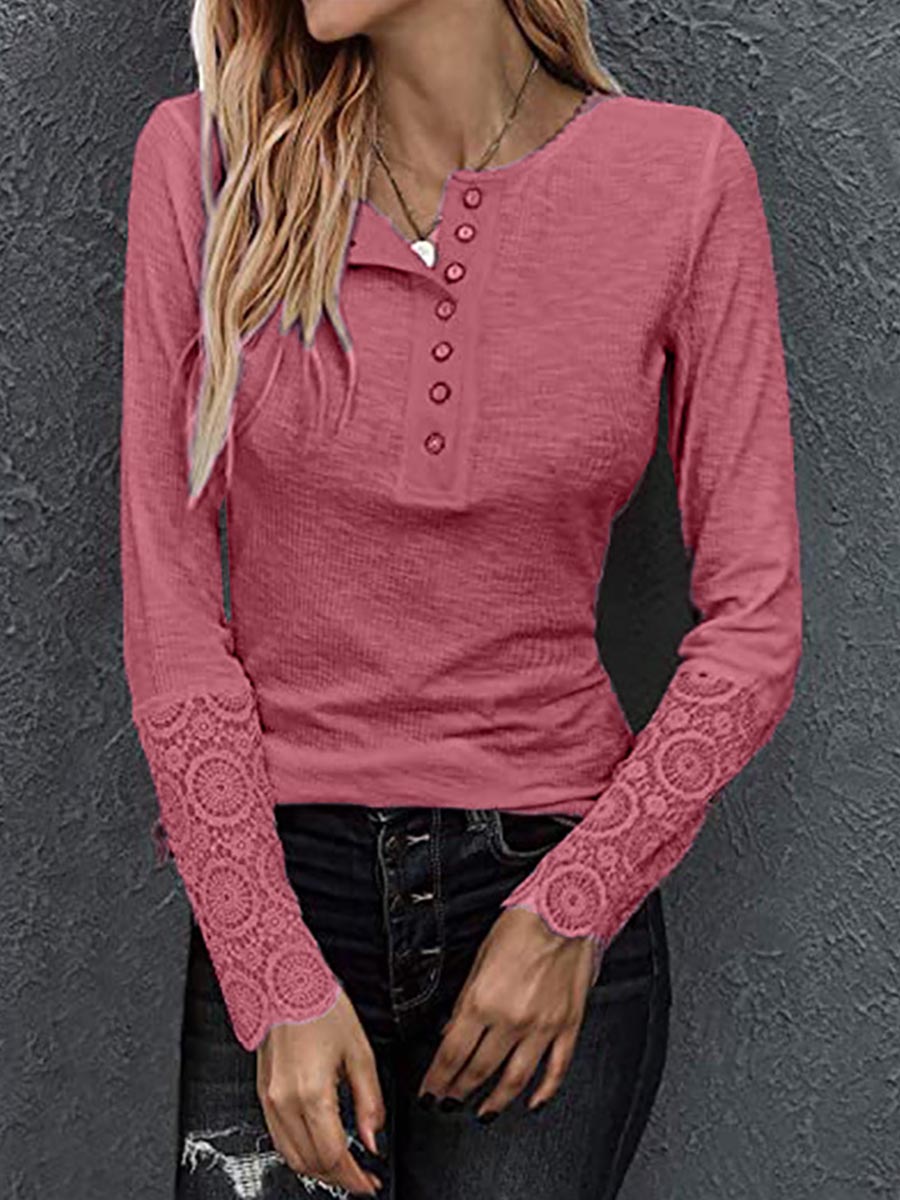 Bellevoga Round Neck Stitching Lace Long Sleeve T-Shirt(14 colors)