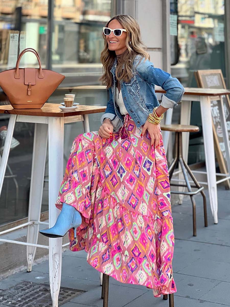 Audrina Bohemian Print Elastic Waist Tassel Maxi Skirt