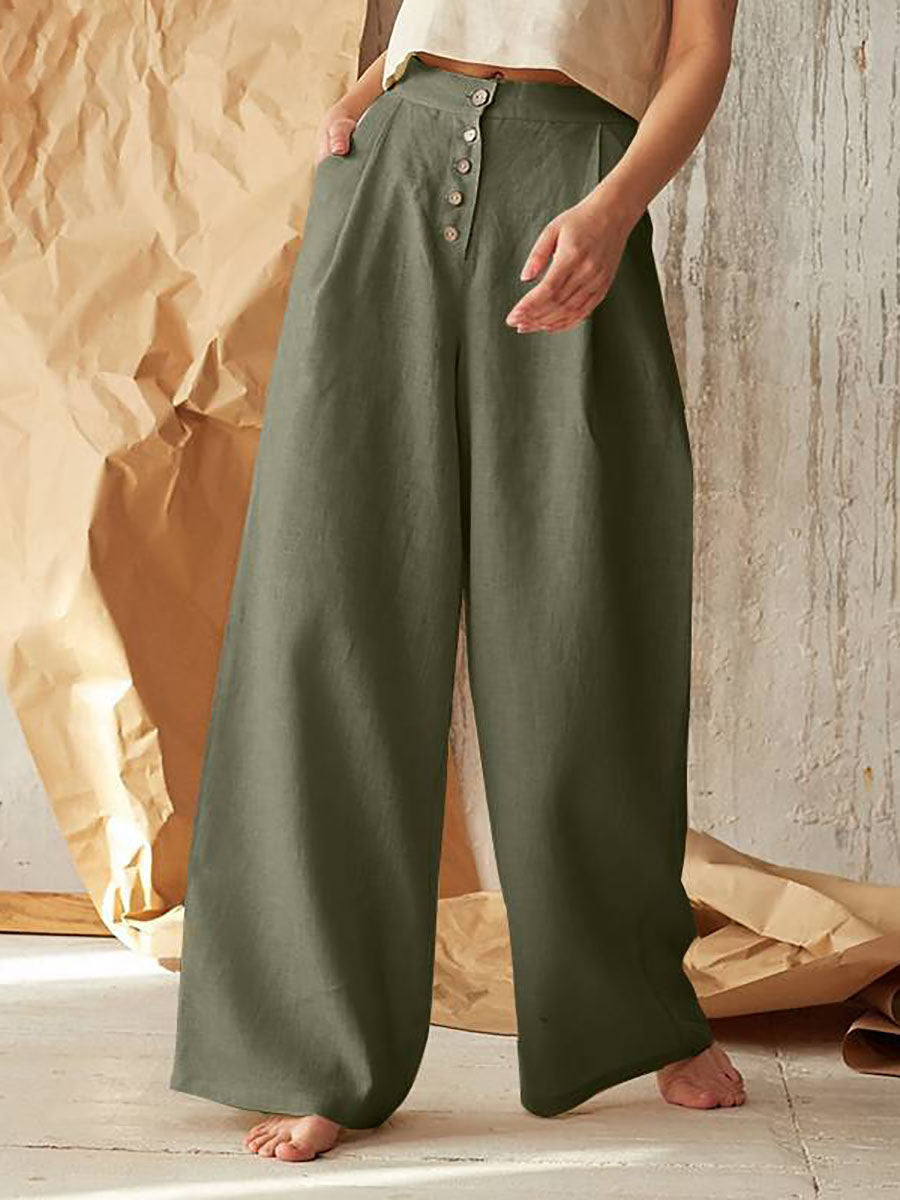 Bellevoga Solid Color High Waist Casual Button Wide Leg Pants