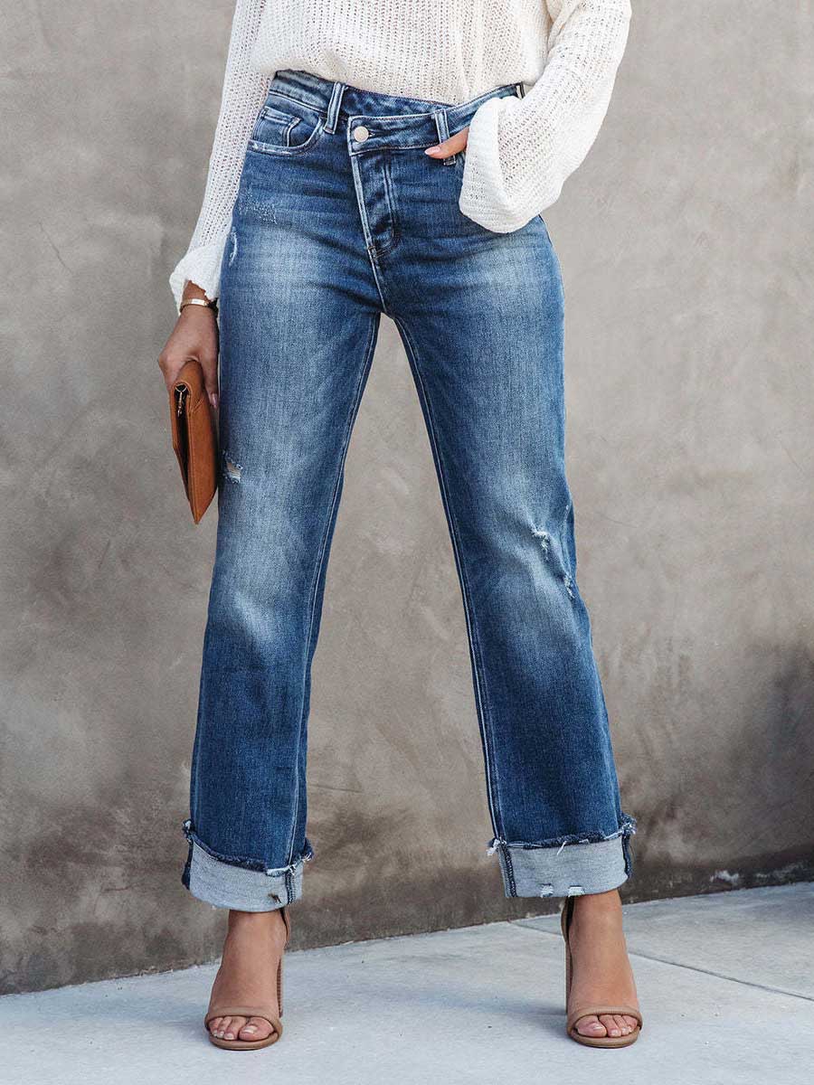 Bellevoga Casual Street Solid Make Old Asymmetrical Straight Denim Jeans