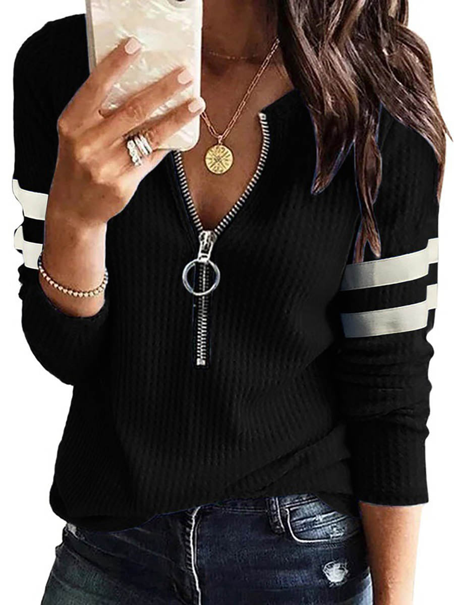 Bellevoga V-Neck Zipper Splicing Long Sleeve T-shirt(6 colors)