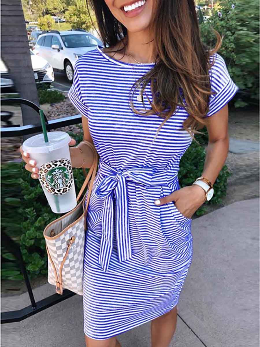 Bellevoga Short Sleeve Pinstripe Round Neck Casual Wear Dress