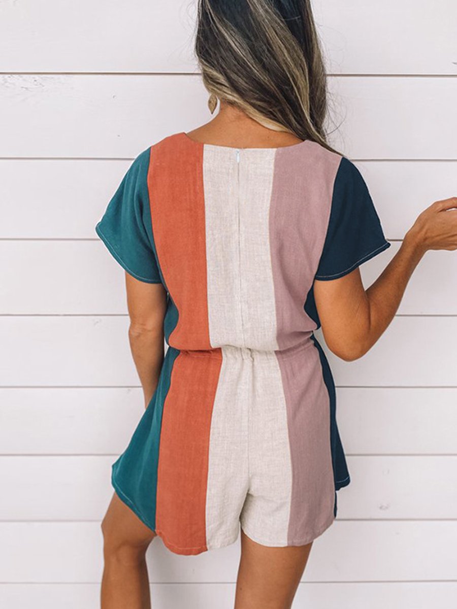 Linen Color Block Casual Romper