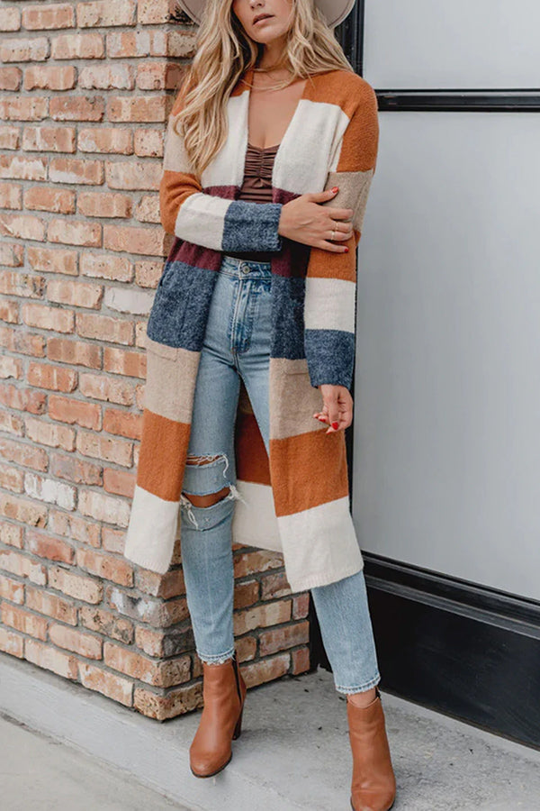 Bellevoga Multicolor Knitted Color Block Open Front Long Cardigan