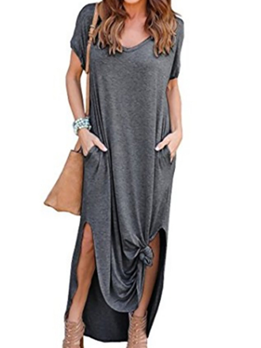 Bellevoga V-Neck Pocket Split Dress(8 colors)