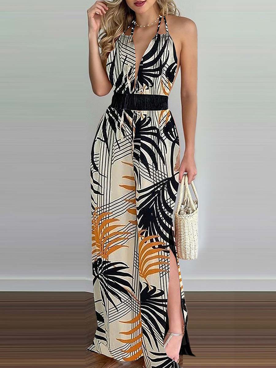 Bellevoga Printed Hanging Neck Sexy Backless Split Jumpsuit