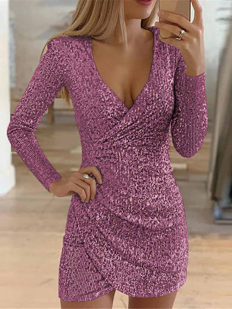 Bellevoga V-Neck Irregular Sequin Party Dress(9 colors)