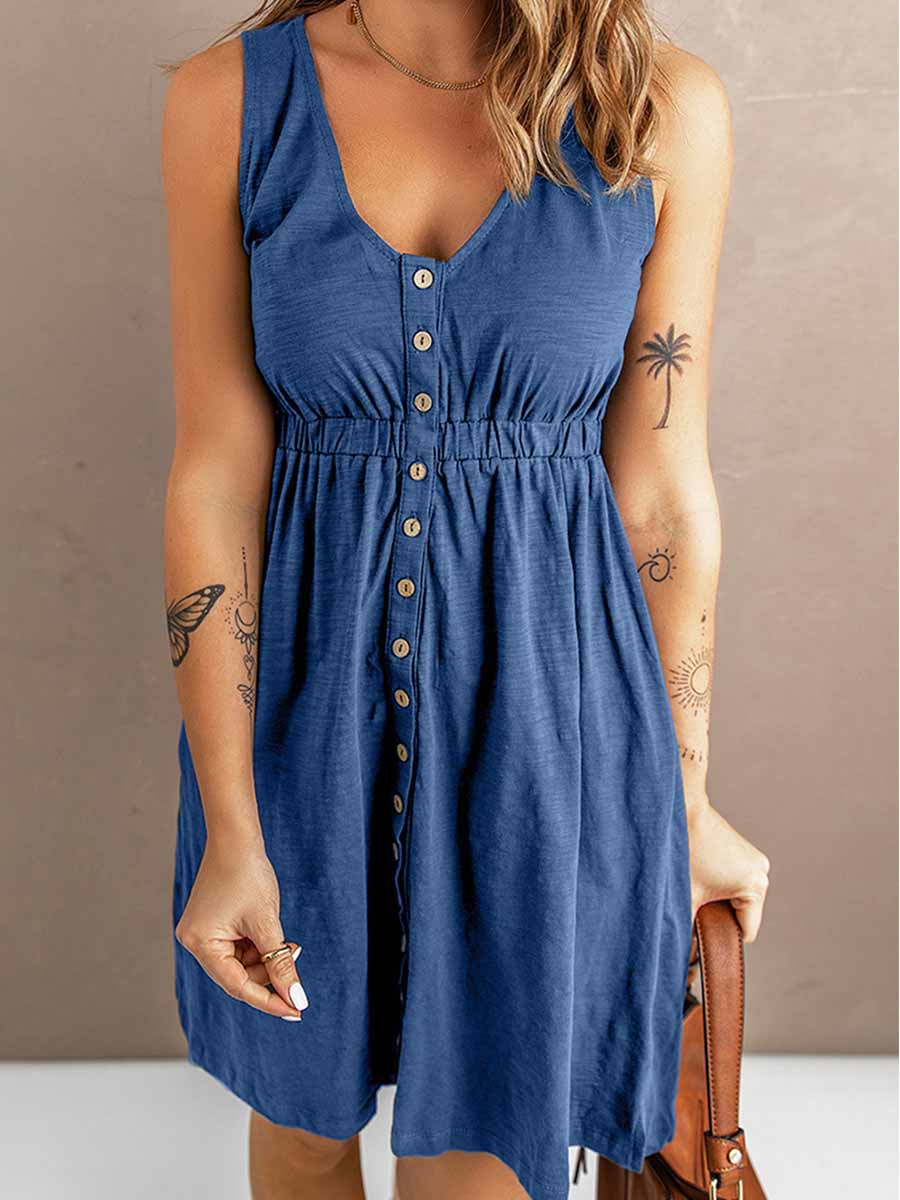 Bellevoga Casual Buttons Vest Dress(9 Colors)