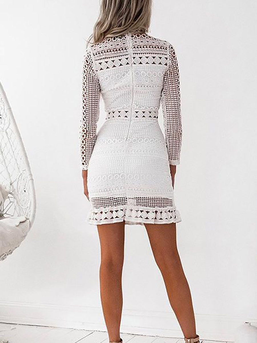 Bellevoga Back Zipper Lace Splice Hollow Out Mini Dress