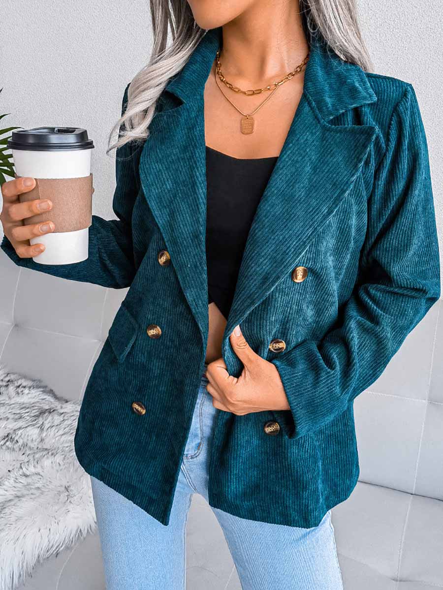 Bellevoga Solid Color Corduroy Fashion Double-Breasted Jacket