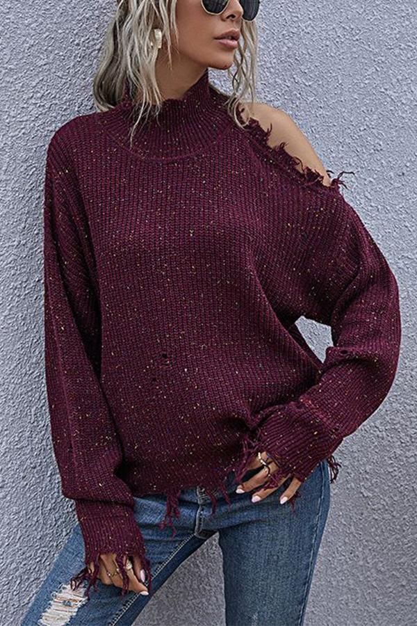 Bellevoga Loose Off-shoulder Ripped Long-sleeved High-neck Knitted Sweater