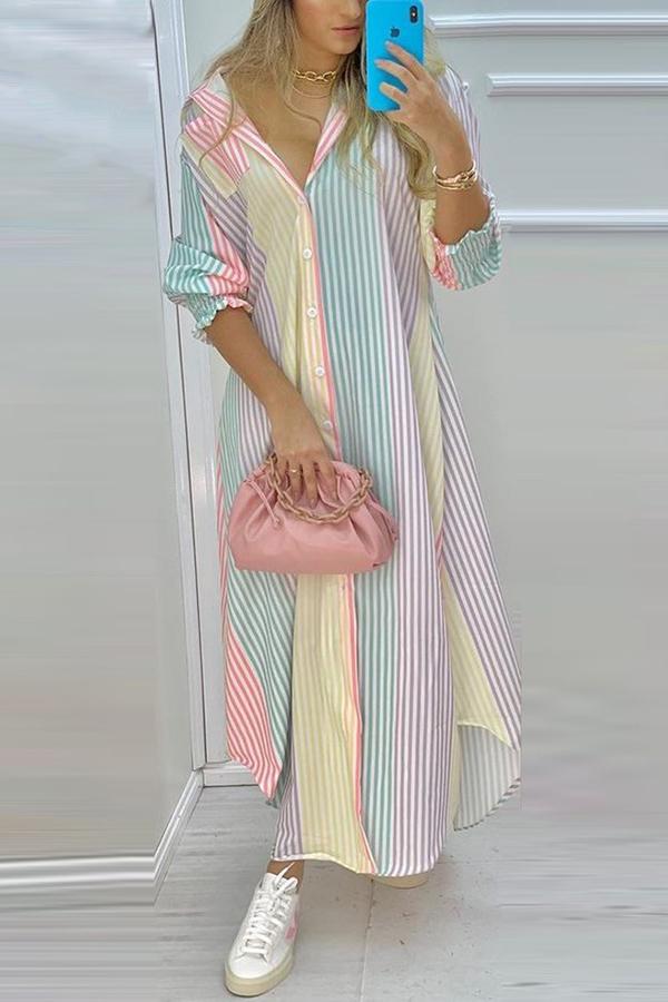 Bellevoga Colorful Stripe Button Down Long Shirt Dress