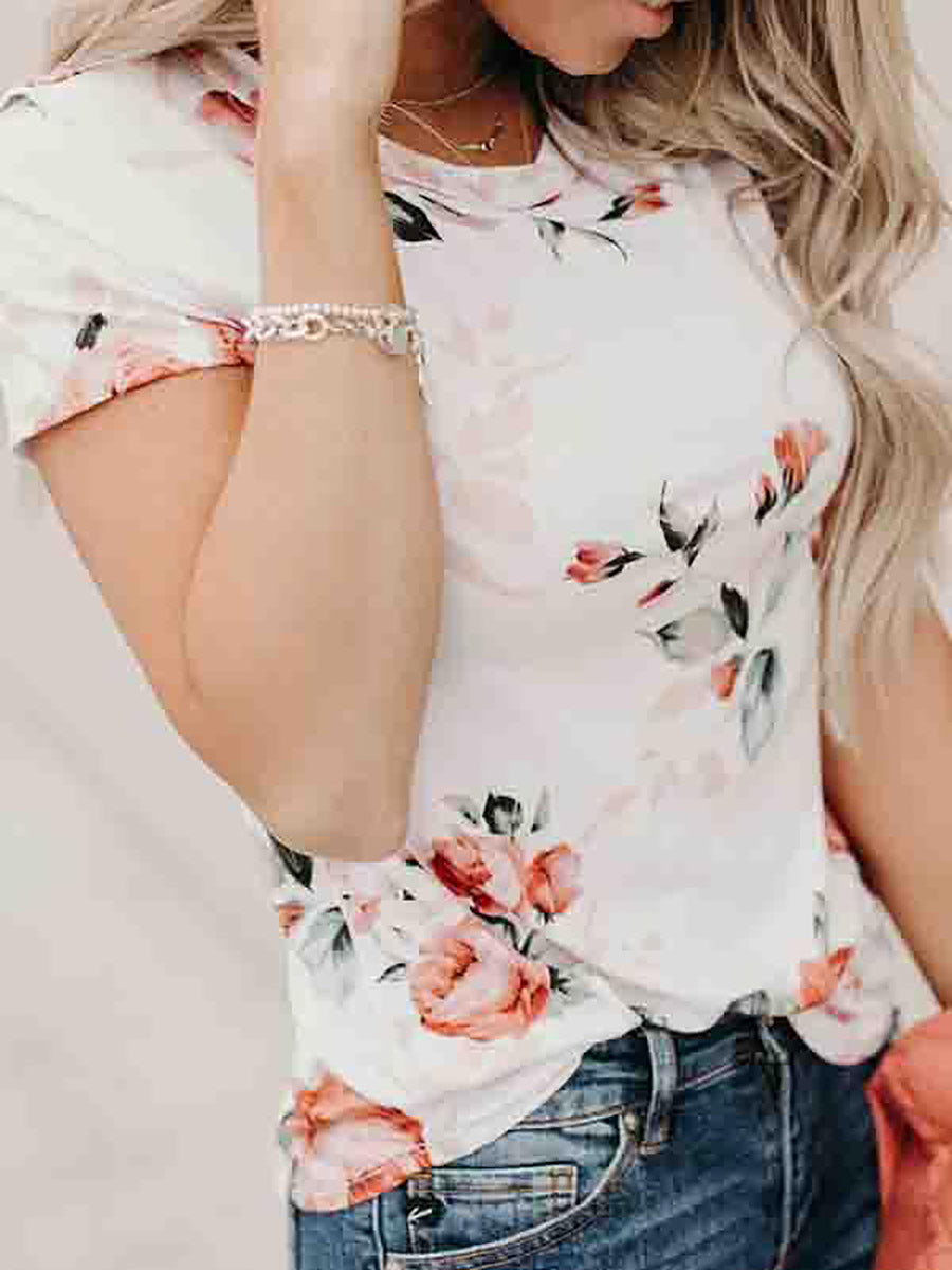 Bellevoga Short Sleeve Flower Print Round Neck Casual Wear T-Shirt