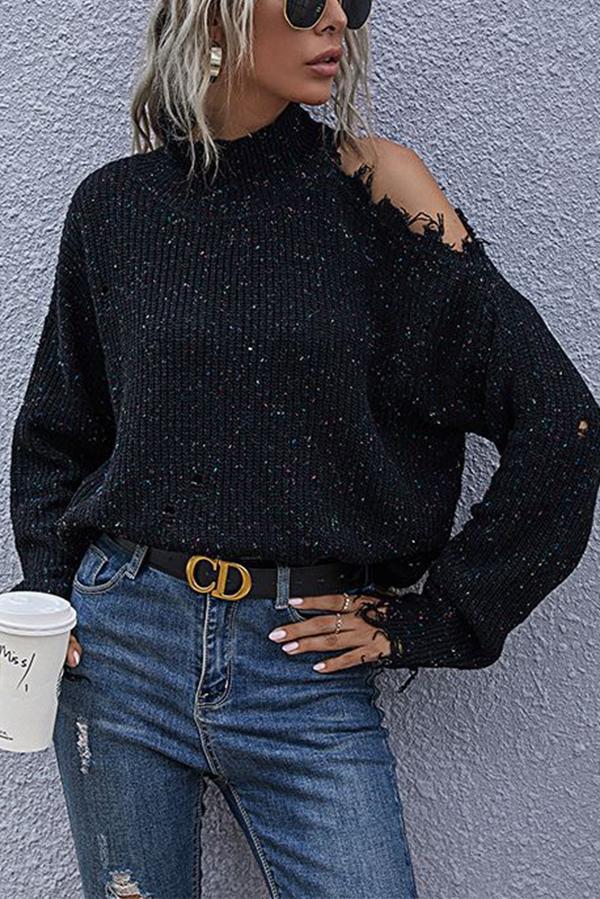 Bellevoga Loose Off-shoulder Ripped Long-sleeved High-neck Knitted Sweater