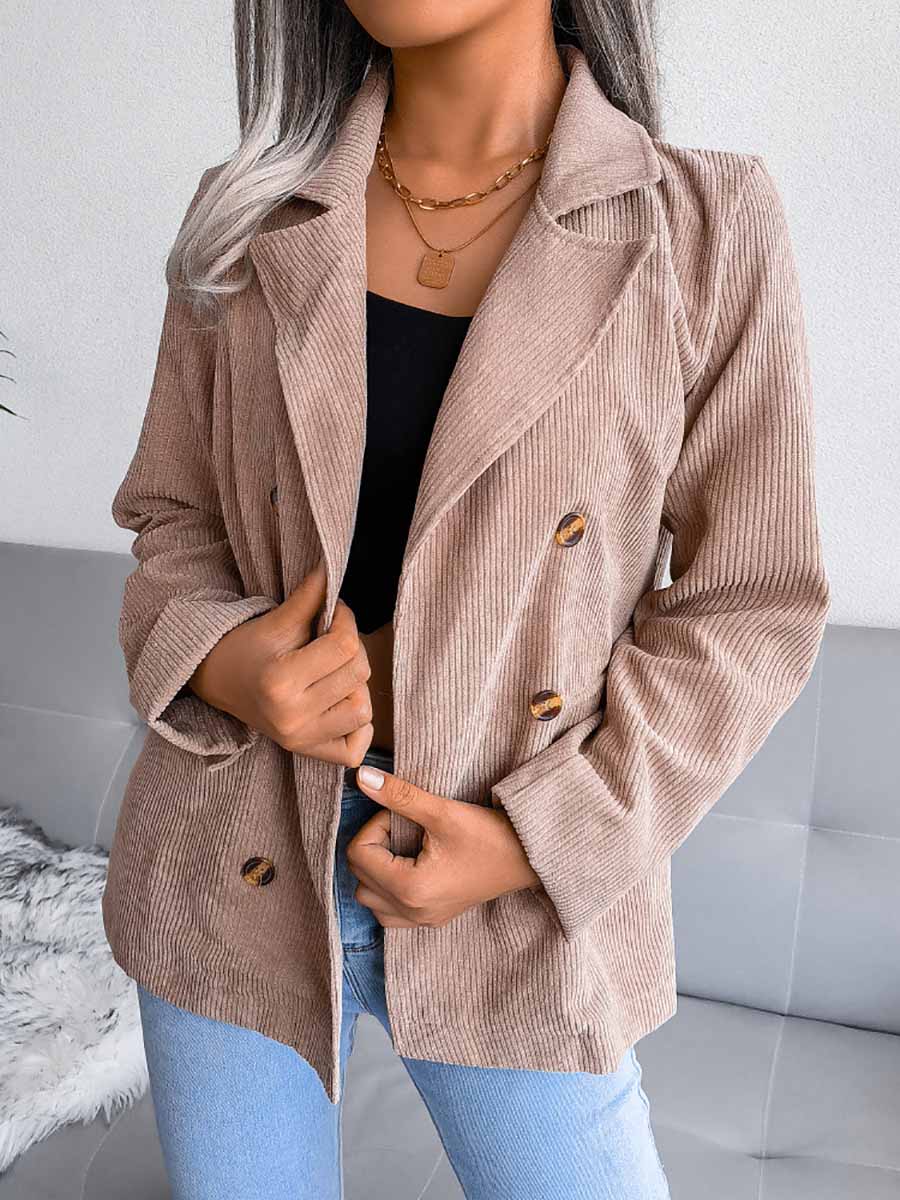 Bellevoga Solid Color Corduroy Fashion Double-Breasted Jacket