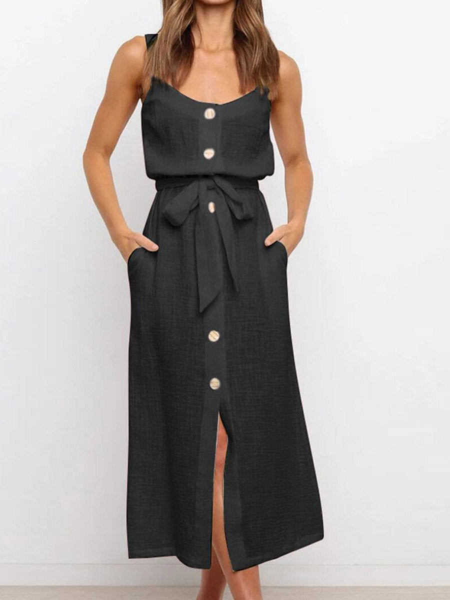 Bellevoga Button Slit Belt Dress