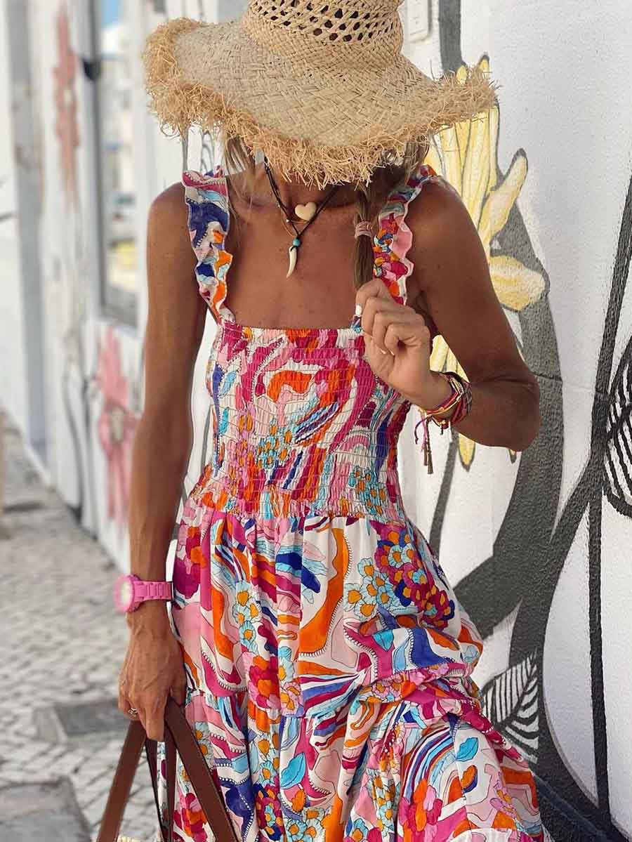 Bellevoga Printed Halter Beach Resort Dress(3 Colors)