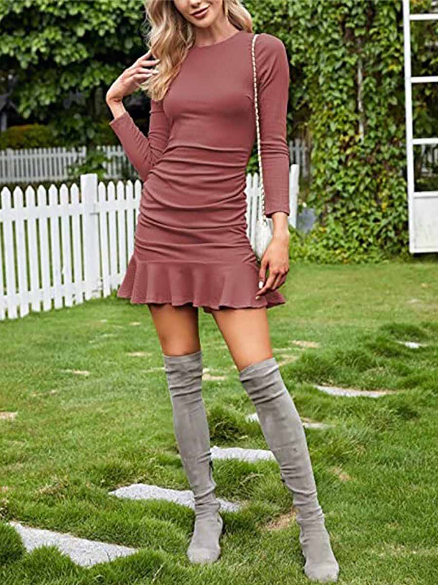 Bellevoga Sexy Pleated Tight Knit Long Sleeve Dress(8 colors)