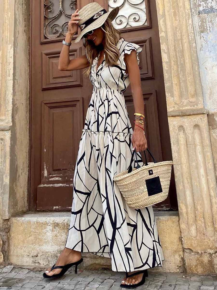 Bellevoga V-Neck Print Pleated Sleeveless Dress